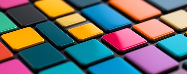 Vibrant Rectangular Tiles A colorful, abstract grid of rounded rectangles in a variety of bright, glossy colors, emphasizing texture and form. Abstract, Geometric, Texture