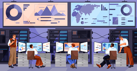 Control room with employees monitoring multiple computer screens. Vector data analysts supervising digital dashboards. Graphs, global maps and system interfaces. Technology hub and cyber management