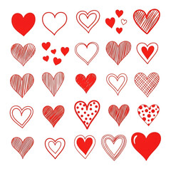 Collection of hand-drawn red hearts in various styles
