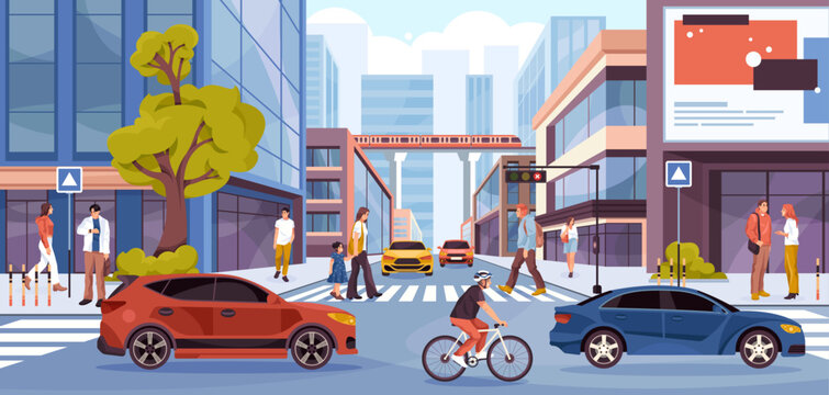 Busy city intersection with pedestrians, cars and cyclist. Vector people crossing road among urban transport. Everyday city life and movement. Traffic flow under modern infrastructure