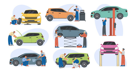 Professional auto mechanics working. Vector set of technicians inspecting engines, using diagnostic tools and replacing parts on vehicles lifted by hydraulic platforms. Car repair and maintenance