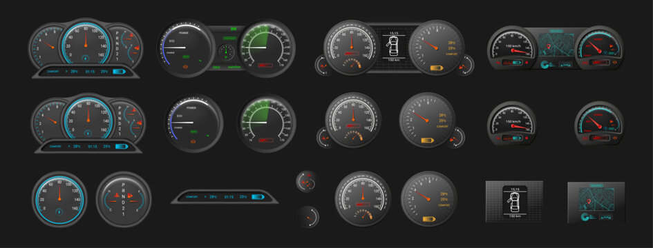 Speedometer icons collection. Vector isolated realistic dashboard meters with arrow pointers, gauges of tachometer performance and rating. Scale score shows low, medium, high and risk levels