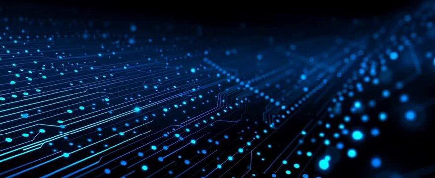 abstract technology background with a circuit board pattern and blue glowing dots on a dark blue banner for digital marketing, data science, or information technology concepts Generative AI