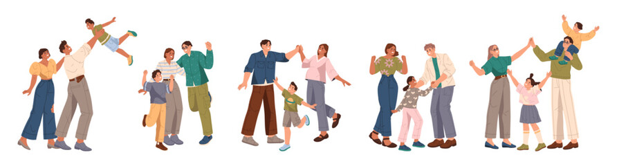Parent and kids with happy expressions on faces and cheerful mood. Vector isolated set of families on holidays, bonding and spending time together. Celebrating and dancing together, close people