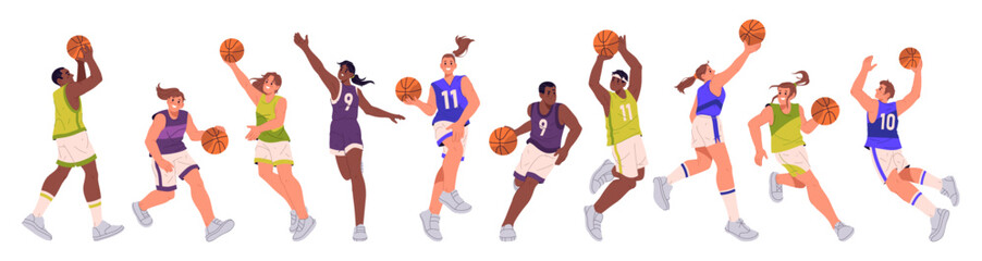 Basketball players jumping high and performing slam dunk. Vector isolated collection of athletic men and women in sports uniform throwing balls. Sportsmen training or practicing for match