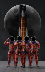 The four-person crew of the Artemis II mission stands ready in their orange OCSS suits in front of the Space Launch System rocket, set against the backdrop of a large Moon for their historic mission © Vadimsadovski
