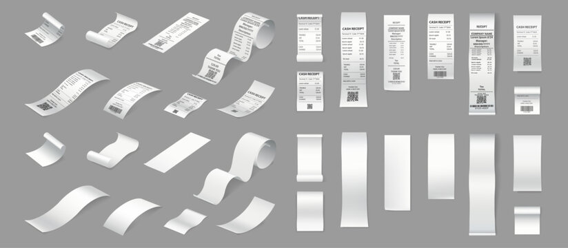 Long and short rolled out strips of receipt papers. Vector set of realistic bill mockups. Expense tracking or unfinished transactions history. Invoices, financial documents or billing templates