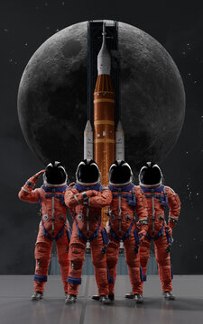 The four-person crew of the Artemis II mission stands ready in their orange OCSS suits in front of the Space Launch System rocket, set against the backdrop of a large Moon for their historic mission