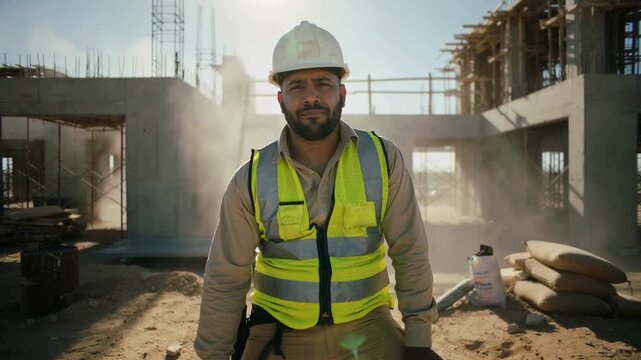 Male construction worker in safety gear drinks water, wipes sweat from brow, and takes a moment to rest at a construction site under clear blue skies