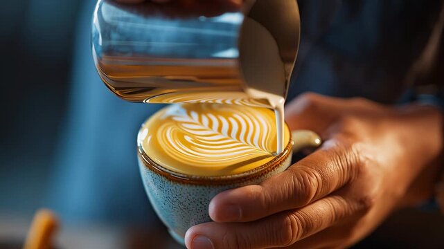 Barista pouring milk to create latte art in a ceramic cup, close up coffee preparation scene with warm light and cozy cafe mood