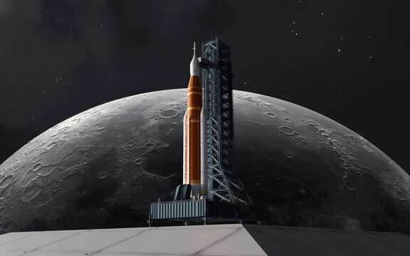 The Artemis II Space Launch System (SLS) mega-rocket is prepared on the launchpad at sunrise, with the Earth and Moon visible in the background, set for its historic journey to the Moon