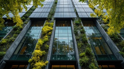 Modern building facade with solar panels and greenery