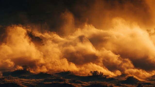 Golden Sandstorm Over Dunes Landscape
