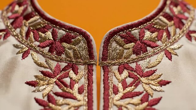 Detailed close up of ornate floral embroidery on a traditional garment collar.