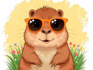 Cute capybara face wearing sunglasses