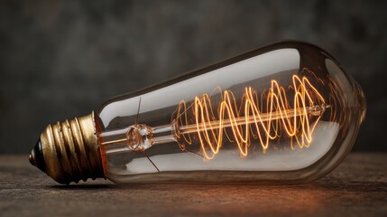 Vintage Edison light bulb glowing warmly on wooden surface