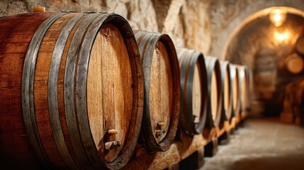 Close view of traditional oak barrels in a quiet rustic cellar