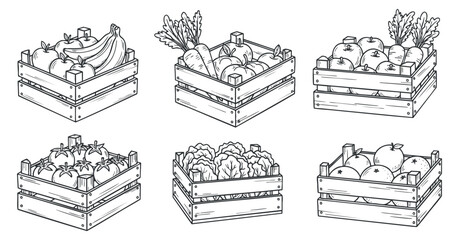 A collection of hand-drawn wooden crates filled with various fruits and vegetables in black and white outline style, suitable for organic market design