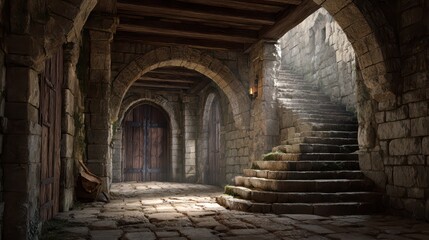 Obraz premium Dimly lit medieval castle corridor with rough stone walls, worn steps, and a heavy wooden door