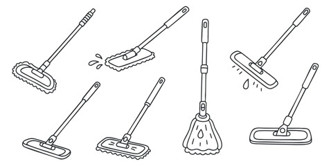Obraz premium A collection of various cleaning tools including a mop, broom, and dustpan in outline minimalist vector style, ideal for cleaning service branding