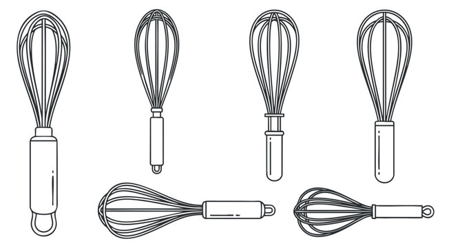 A collection of five whisks in black and white outline vector style, ideal for culinary and cooking-themed projects