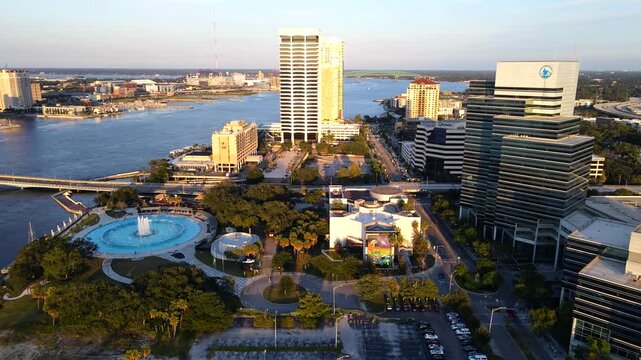 Urban park design and beautiful fountain area from the air in 4K video footage.
