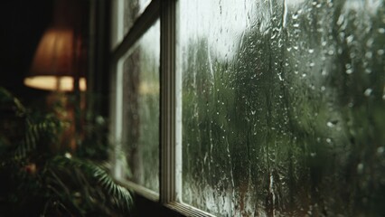 Rainy window with blurry plants and lamp