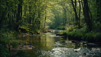 Obraz premium Scenic River Flowing Through a Lush Green Forest