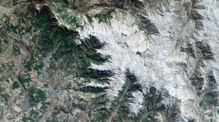 Aerial view of mountainous terrain with agricultural patches