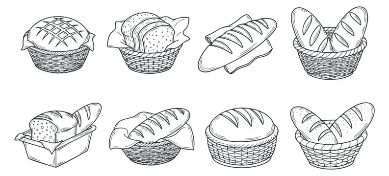 A collection of hand-drawn bread and pastry illustrations in outline style, ideal for bakery branding and food menus