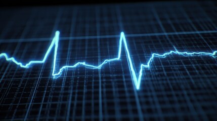 Blue cardiogram line on dark grid background