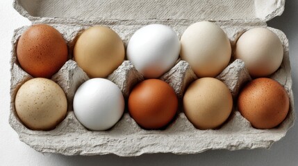 Carton of assorted fresh chicken eggs top view