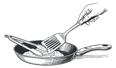 A hand using a spatula to flip food in a frying pan in a black and white hand-drawn vector style, ideal for culinary illustrations