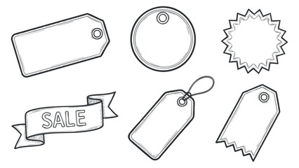 A collection of various tags and labels in black and white outline vector style, ideal for sale promotions and marketing designs