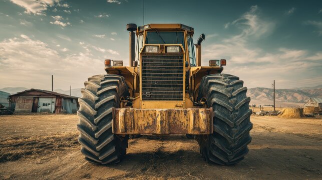 Yellow farm tractor viewed from the front in a dirt field with rugged tires