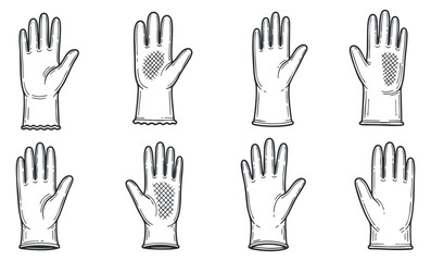 Obraz premium A set of hand glove illustrations in outline style, featuring various designs for cleaning and protection tasks, suitable for household use