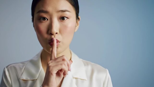 Young Asian Woman Gesturing Silence with Finger on Lips, Close-Up Portrait.