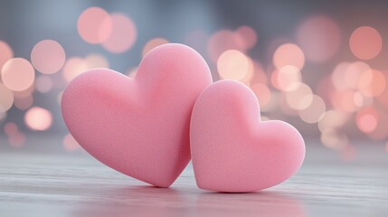 Obraz premium Two pink hearts sit side by side with a soft background of lights creating a romantic scene for love and affection