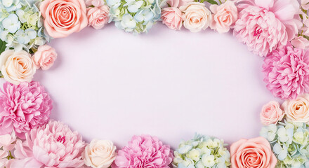 Fototapeta premium Beautiful floral frame with pink roses and blue hydrangeas on light purple surface