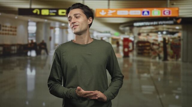 Man gesturing with hands in an airport terminal near shops and seating, wearing green long sleeve shirt; calm waiting.
