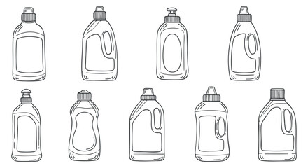 A set of cleaning product bottles in simple black and white outline vector style, suitable for packaging design and household branding