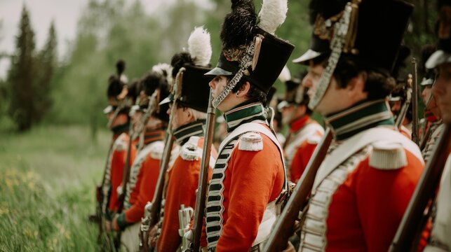 regiment. Historical reenactors in period costumes standing in formation during outdoor daytime event. event programs, museum guides, designed for cultural heritage projects and event programs.
