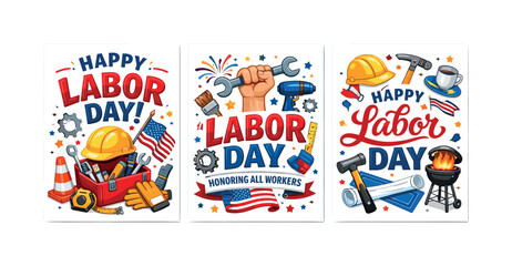 Fototapeta premium Labor Day celebration icon set. Includes hard hat, tools, wrench, American flag, helmet, and barbecue grill
