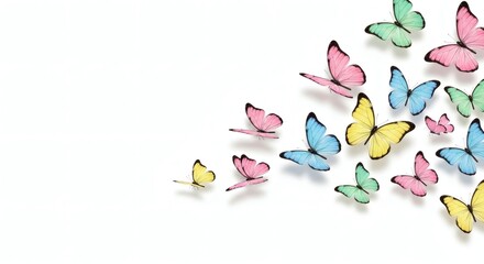 Fototapeta premium A cluster of vibrant, colorful butterflies flutters gracefully across a pristine background, creating a sense of delicate beauty and ethereal lightness.