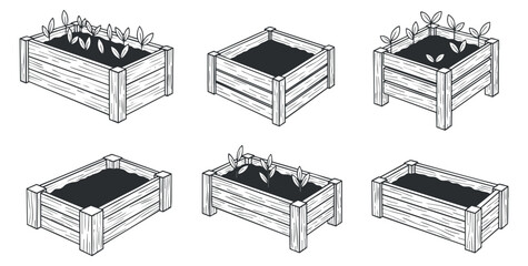 A set of wooden planter boxes in various styles with plants growing, illustrated in black and white outline vector style, ideal for gardening and landscaping projects
