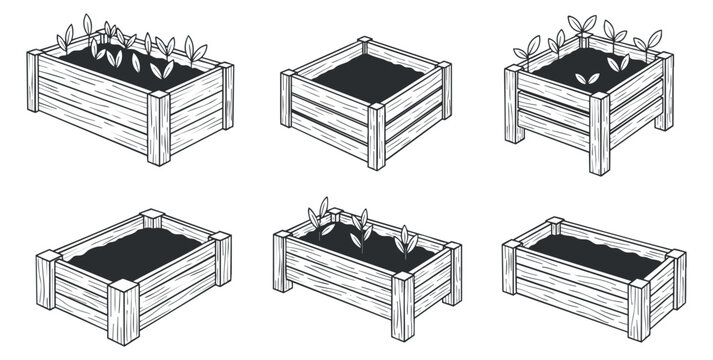 A set of wooden planter boxes in various styles with plants growing, illustrated in black and white outline vector style, ideal for gardening and landscaping projects