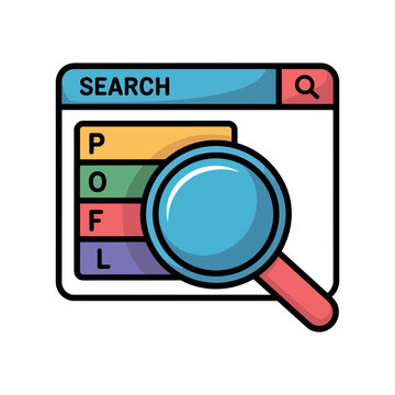 A colorful cartoon illustration of a search bar with a magnifying glass on a white background