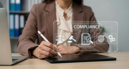 Businesswoman working on a tablet with digital compliance interface and legal icons, representing regulatory adherence, corporate auditing, policy enforcement, legal standards