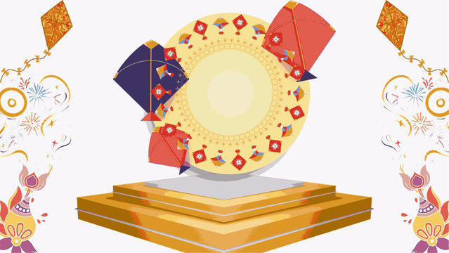 Indian festival makar sankranti, Vasant Panchami, basant concept, colorful paper kite podium, product display perfect for web store background, banner, post, header, announcement, ads