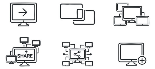 A collection of computer screen icons depicting sharing, networking, and connections in clean outline vector style, suitable for technology and digital communication projects